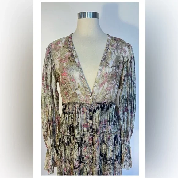 NWT! 🐚 Free People | ROCOCO SAND | Cara Metallic Floral V Neck Kaftan Small - Picture 5 of 11